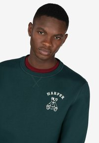 Sudadera verde de tela suave, con cuello redondo, texto bordado "HARPER" y un gráfico de un oso en el pecho.