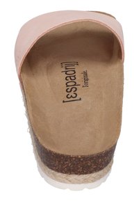 Light pink espadrille sandal with a soft leather upper, jute-lined insole, cork midsole, and durable white rubber outsole.