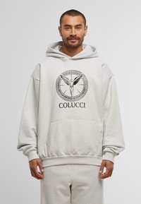 Šedá mikina s veľkým emblémom zobrazujúcim kr�ídlenú postavu a textom "COLUCCI" nižšie. Obsahuje kapucňu a predné klokanie vrecko.