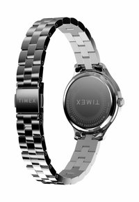 Stříbrné hodinky z nerezové oceli s hladkým propojovacím náramkem a kulatým černým ciferníkem. Mají lesklý povrch a sponu označenou "TIMEX."