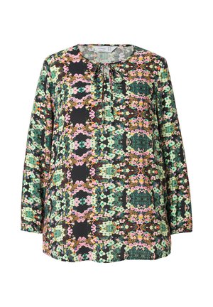 Sort bluse med et farverigt blomsterprint i grøn, pink og blå. Lange ærmer med rund halsudskæring og bindebånd foran.