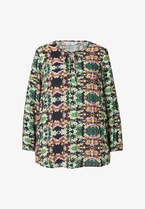 Sort bluse med et farverigt blomsterprint i grøn, pink og blå. Lange ærmer med rund halsudskæring og bindebånd foran.