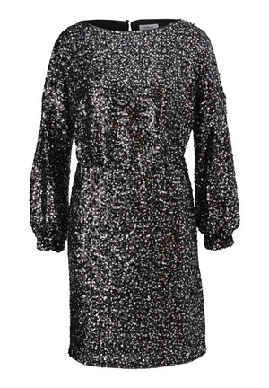 Zwarte jurk bedekt met zilveren en rode sequins, met een ronde halslijn, lange puffmouwen en een getailleerde taille. Achterzijde met ritssluiting.