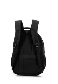 Sac à dos noir avec dos en mesh rembourré, bretelles réglables et design élégant. Tissu durable avec coutures renforcées et poches latérales.