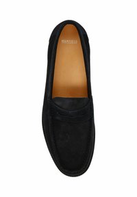 Black suede slip-on shoe with a rounded toe and stitched accents. Features a soft leather insole and a flexible rubber sole.