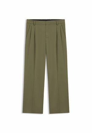 Pantalon ample couleur vert olive en tissu texturé, avec des plis à l'avant, des passants pour ceinture et des poches latérales pour un look soigné.