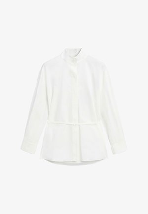 Hvid langærmet skjorte i bomuld med høj krave, knaplukning og indsnævret talje. Har en glat tekstur og et lige snit.