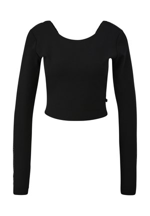 Schwarzes, kurz geschnittenes Langarmoberteil mit rundem Halsausschnitt und glatter Textur. Mit seitlichen Ausschnitten und tailliertem Design.