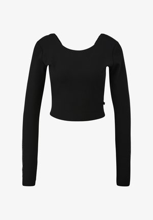 Haut noir court à manches longues avec un col rond et une texture lisse. Présente des découpes latérales et un design ajusté.