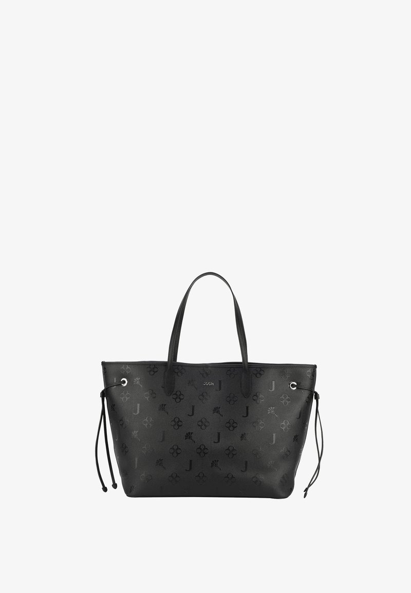 Schwarze Tote-Tasche aus strukturiertem Leder, verziert mit einem Muster aus Logos und floralen Designs, ausgestattet mit zwei Griffen und verstellbaren Kordelzügen an den Seiten.