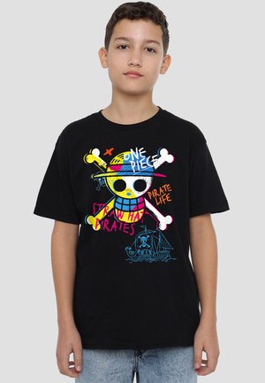 Black cotton T-shirt featuring a colorful graphic design of a pirate skull with crossbones and text, "One Piece" and "Straw Hat Pirates."