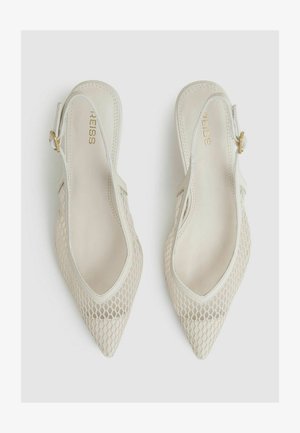 Beige slingback pumps with a pointed toe, mesh upper featuring a hexagonal pattern, and a gold buckle on the side. Smooth inner lining.