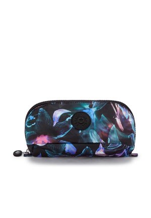 Black floral-patterned pouch with a zip closure, featuring blue and purple orchid designs and a logo button on the front. Soft fabric material.