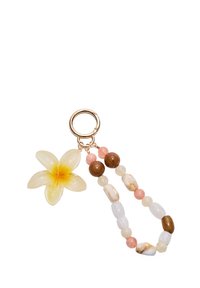 Porte-clés avec un design de fleur jaune et blanche, comportant un anneau doré. Perles en rose, marron et blanc avec des textures et des formes variées.
