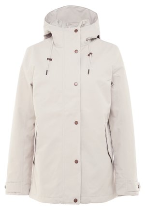 Lichtbeige regenjas met capuchon, drukknopen aan de voorkant, verstelbare trekkoorden aan de capuchon en zijzakken.