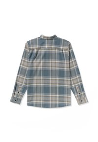Chemise à carreaux avec une base bleu-gris et des rayures blanches et jaunes. Manches longues, poignets à boutons et col classique. Texture de tissu douce.