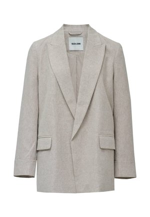 Veste beige unie à simple boutonnage avec revers crantés, deux poches avant à rabat, manches longues, et étiquette "Salsa Jeans" à l'intérieur du col.