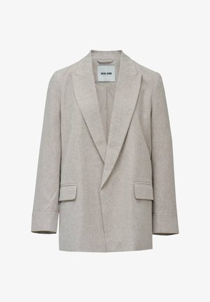 Veste beige unie à simple boutonnage avec revers crantés, deux poches avant à rabat, manches longues, et étiquette "Salsa Jeans" à l'intérieur du col.