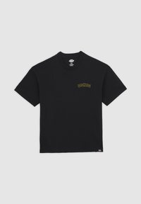 Black short-sleeve crew neck t-shirt with small yellow "Dickies" logo on left chest and a small brand tag at the bottom hem.