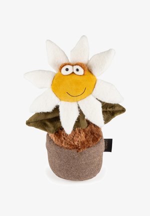 Weiche Stoffblume mit weißen Blütenblättern, einem lächelnden gelben Gesicht, grünen Blättern und einem braunen strukturierten Topfboden.