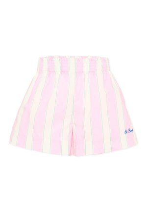 Roze en wit gestreepte elastische taillebroek met kleine blauwe tekst "St. Barth" aan de rechteronderkant.