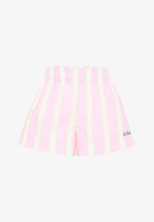 Różowo-białe, pionowo prążkowane szorty z elastycznym pasem, z niewielkim niebieskim napisem "St. Barth" po prawej stronie na dole.