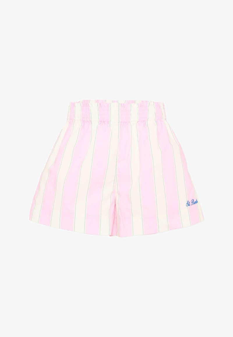 Shorts à rayures verticales roses et blanches avec taille élastique, petits textes bleus "St. Barth" sur le côté inférieur droit.