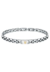 Silverfärgad metallarmband med sammanlänkade länkar, prytt med guldaccent och små klara stenar på en central platta med en krona-design.