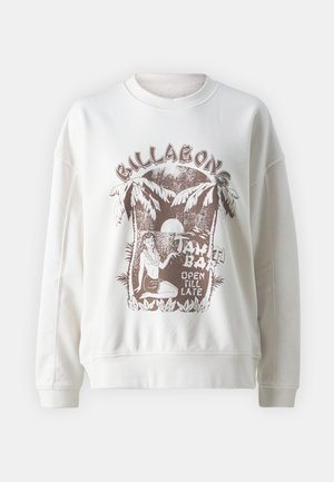 Bílá mikina se grafikou tropické scenérie s palmami a postavou v hnědých tónech, s kulatým výstřihem a dlouhými rukávy.