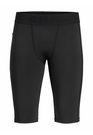Černé sportovní šortky vyrobené z elastického materiálu, se širokým elastickým pasem s embosovaným textem a kontrastním prošitím.