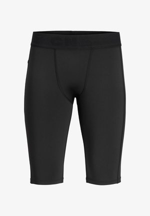 Melni sporta šorti, kas izgatavoti no elastīga materiāla, ar platu elastīgu jostu, kurai ir reljefs teksts un kontrastējoša šuvē.