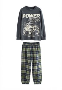 Top in cotone grigio a maniche lunghe con stampa "POWER 4X4" e grafica di jeep. Abbinato a pantaloni di flanella a quadri in blu navy, verde e bianco. Vita elasticizzata.