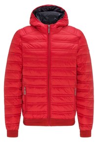 Röd puffjacka med dragkedja framtill, huva och ribbad nederkant. Har quiltad textur och två sidofickor med dragkedja. Fodrad insida i svart.