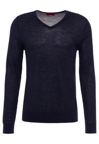 Marineblauer, langärmliger V-Ausschnitt-Pullover aus leichtem Strickstoff mit subtiler Textur und gerippten Bündchen. Klassisches und einfaches Design.