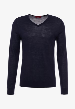 Marineblauer, langärmliger V-Ausschnitt-Pullover aus leichtem Strickstoff mit subtiler Textur und gerippten Bündchen. Klassisches und einfaches Design.