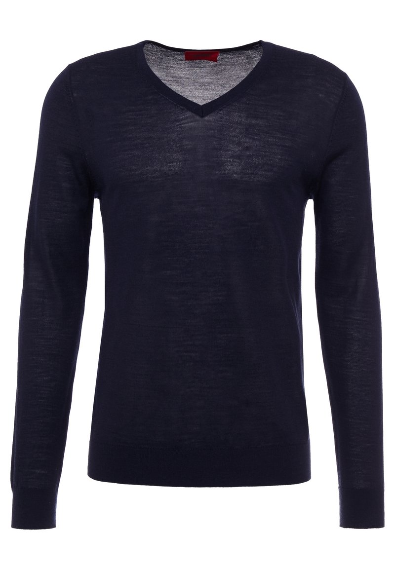 Marineblauer, langärmliger V-Ausschnitt-Pullover aus leichtem Strickstoff mit subtiler Textur und gerippten Bündchen. Klassisches und einfaches Design.