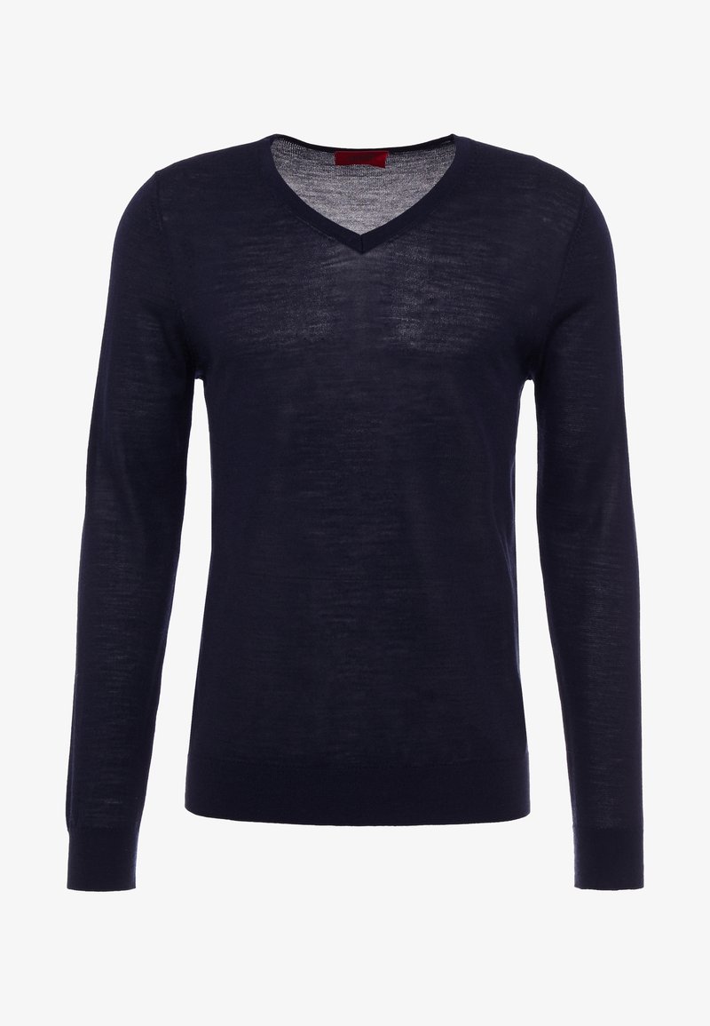 Maglione blu navy a maniche lunghe con scollo a V realizzato in un leggero tessuto a maglia con una sottile texture e polsini a coste. Design classico e semplice.