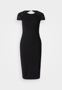 Schwarzes Kleid mit kurzen Spitzenärmeln, tailliertem Oberteil und knielangem Rock. Glattes Material mit sanftem Glanz und einem Rückenschluss.