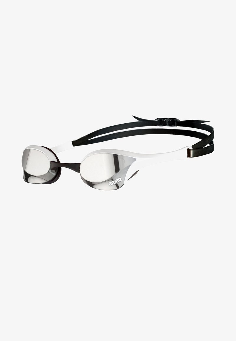 Gafas de natación con espejo en un diseño blanco y negro, que cuentan con sellos de silicona suaves en los ojos y cintas ajustables para mayor comodidad y ajuste.
