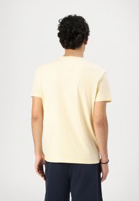 Hellgelbes T-Shirt mit kurzen Ärmeln, aus Baumwolle, klassischer Schnitt, Rundhalsausschnitt, dezente Textur, Saum fällt knapp unter die Taille.