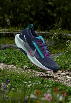 Tumesinine ja lilla Nike’i maastikujooksu jalanõu türkiissiniste detailidega, GORE-TEX-i märgiga ja pehme valge tald üle kruusatee hõljuv.