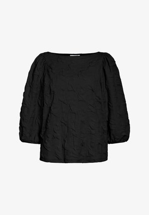 Blouse noire à manches longues avec manches bouffantes et une finition en tissu texturé froissé, présentée à plat sur un fond blanc.