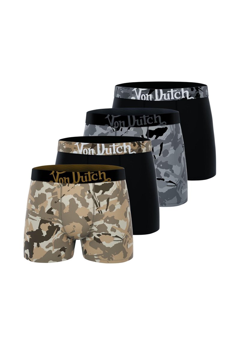 Quatre paires de boxeurs pour hommes : deux avec des motifs de camouflage beige et marron, un en camouflage gris et un noir uni. Logo sur les ceintures.