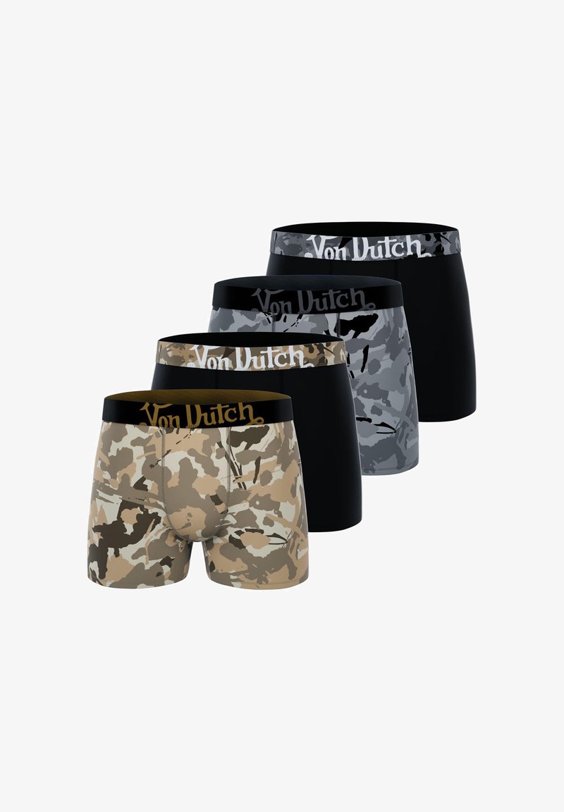 Quatre paires de boxeurs pour hommes : deux avec des motifs de camouflage beige et marron, un en camouflage gris et un noir uni. Logo sur les ceintures.