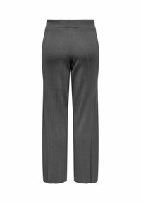 Pantalones de punto grises con corte de pierna amplia, cinturilla elástica y sutil textura de canalé vertical.