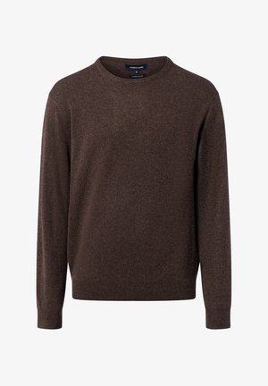 Pull en cachemire marron à col rond avec un design simple, des manches longues et des poignets côtelés. Texture douce, adapté à une tenue décontractée.