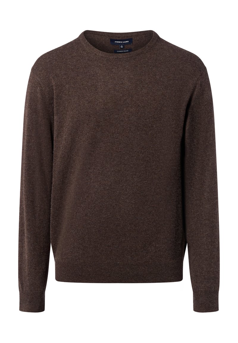 Brauner Cashmere-Pullover mit Rundhalsausschnitt, schlichtem Design, langen Ärmeln und gerippten Bündchen. Weicher Griff, geeignet für legere Anlässe.
