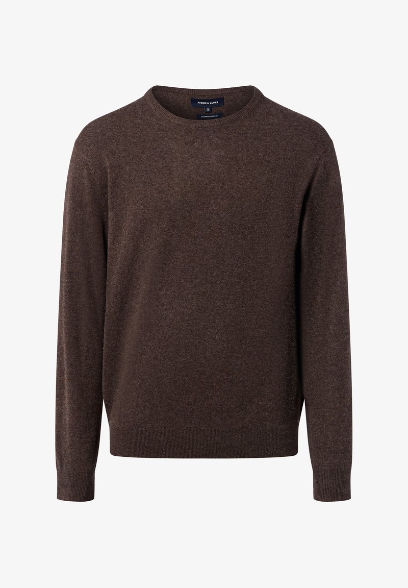 Maglione a girocollo in cashmere marrone con un design semplice, maniche lunghe e polsini a coste. Tessuto morbido, adatto per un look casual.