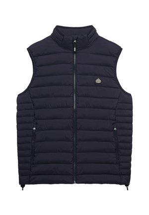 Doudoune sans manches matelassée de couleur bleu marine avec fermeture éclair frontale, poches latérales zippées et petit patch logo sur la poitrine gauche.