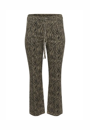 Pantalons à taille élastique avec cordon de serrage, au motif zèbre khaki et beige. Design à taille mi-haute et jambes évasées, texture douce. Conviennent pour un usage décontracté.